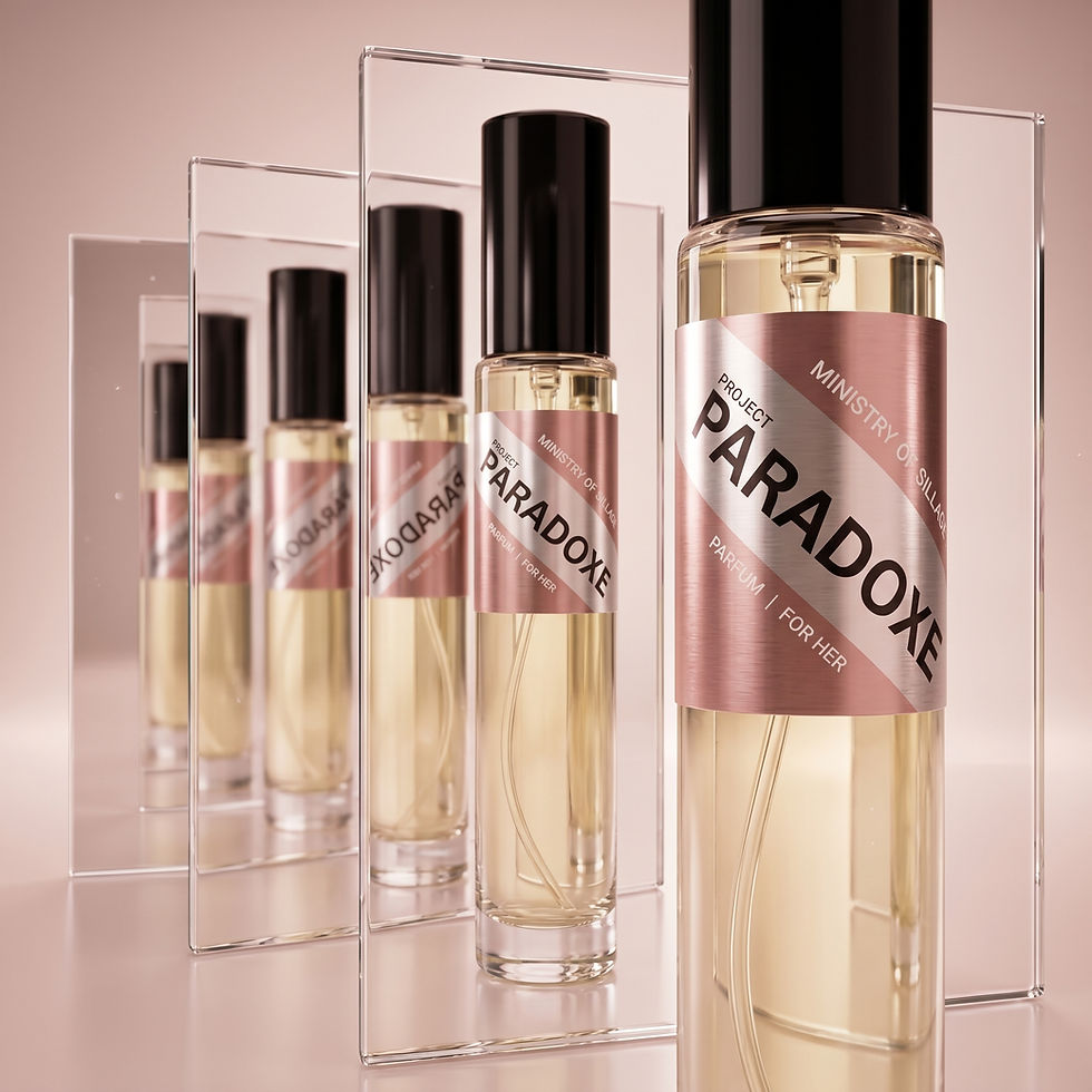 Thumbnail: Project Paradoxe Parfum bottle reflected through glass panels in an elegant blush-toned setup