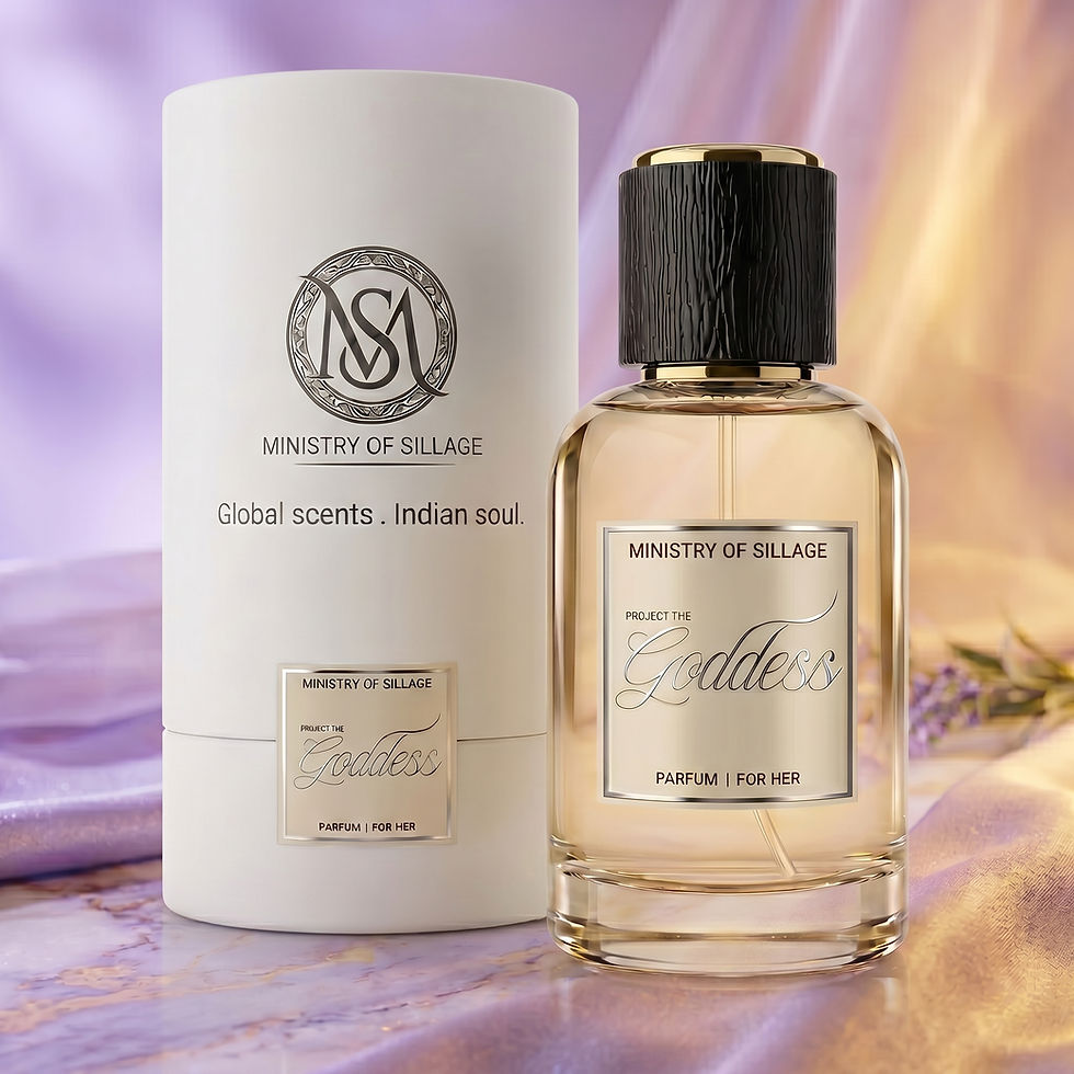 Project The Goddess Parfum gift set with luxury packaging and elegant pastel backdrop.