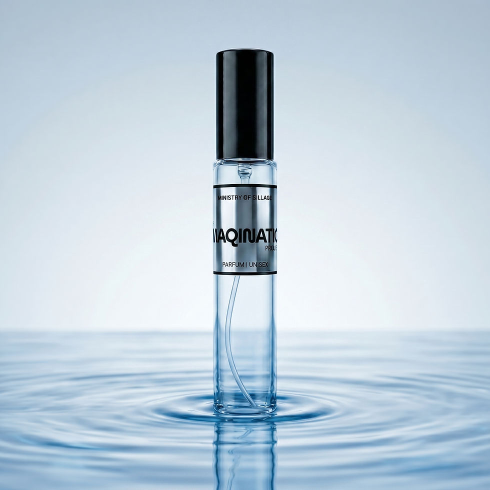 Minimal aquatic fragrance shot featuring Project Imagination standing over soft water ripples for a fresh elegant feel