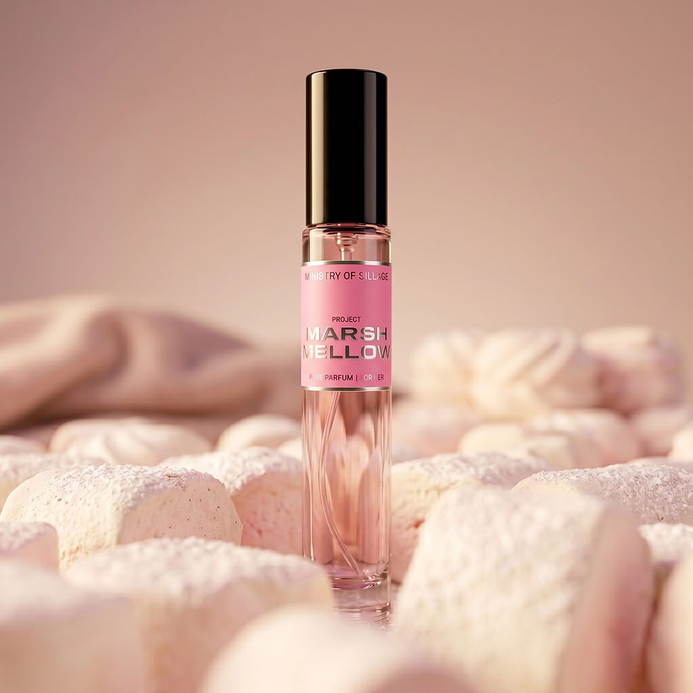 Project Marshmellow perfume bottle placed among fluffy marshmallows in a dreamy pastel setting