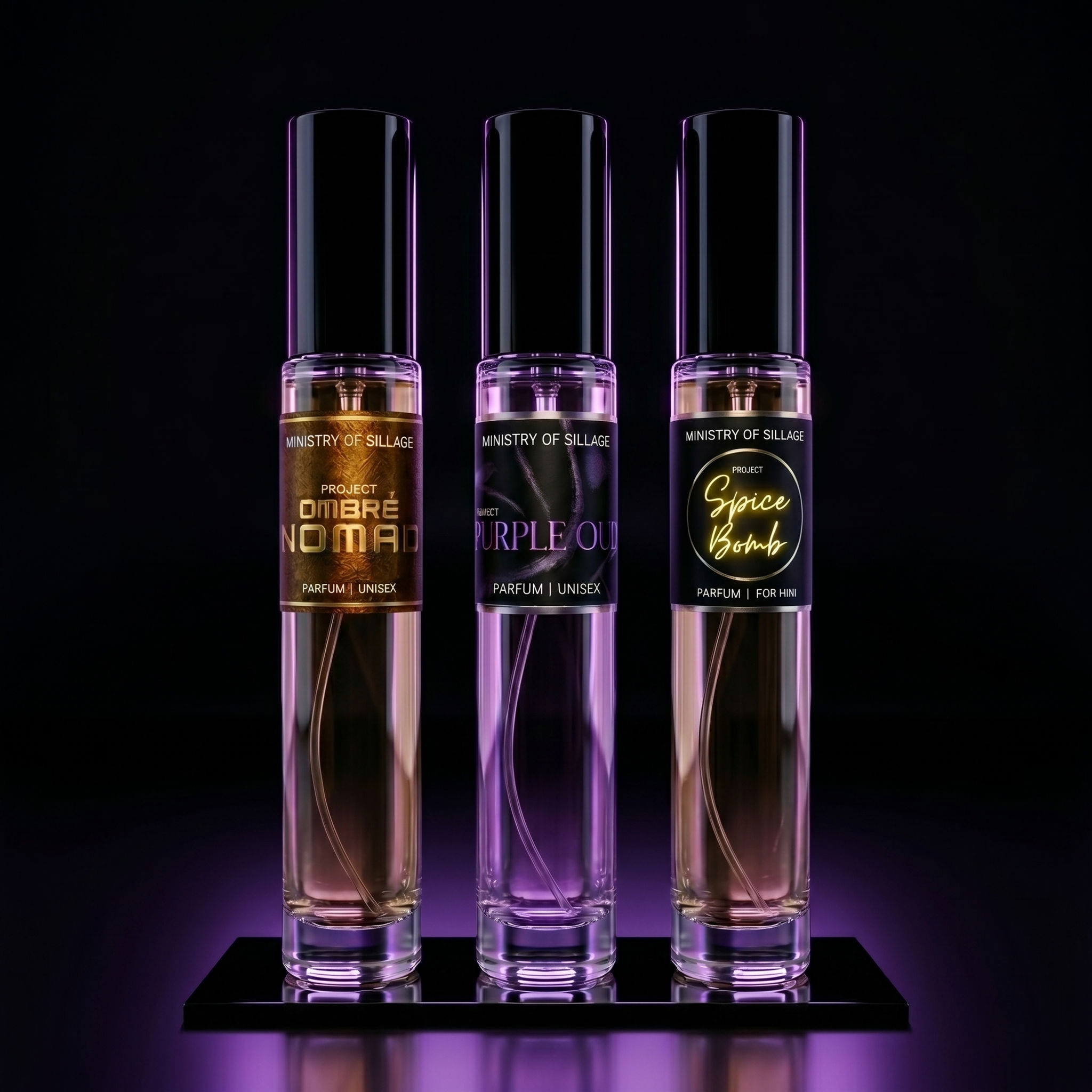 Ministry of Sillage Gotham Amethyst travel pack featuring Ombre Nomad, Purple Oud and Spice Bomb.