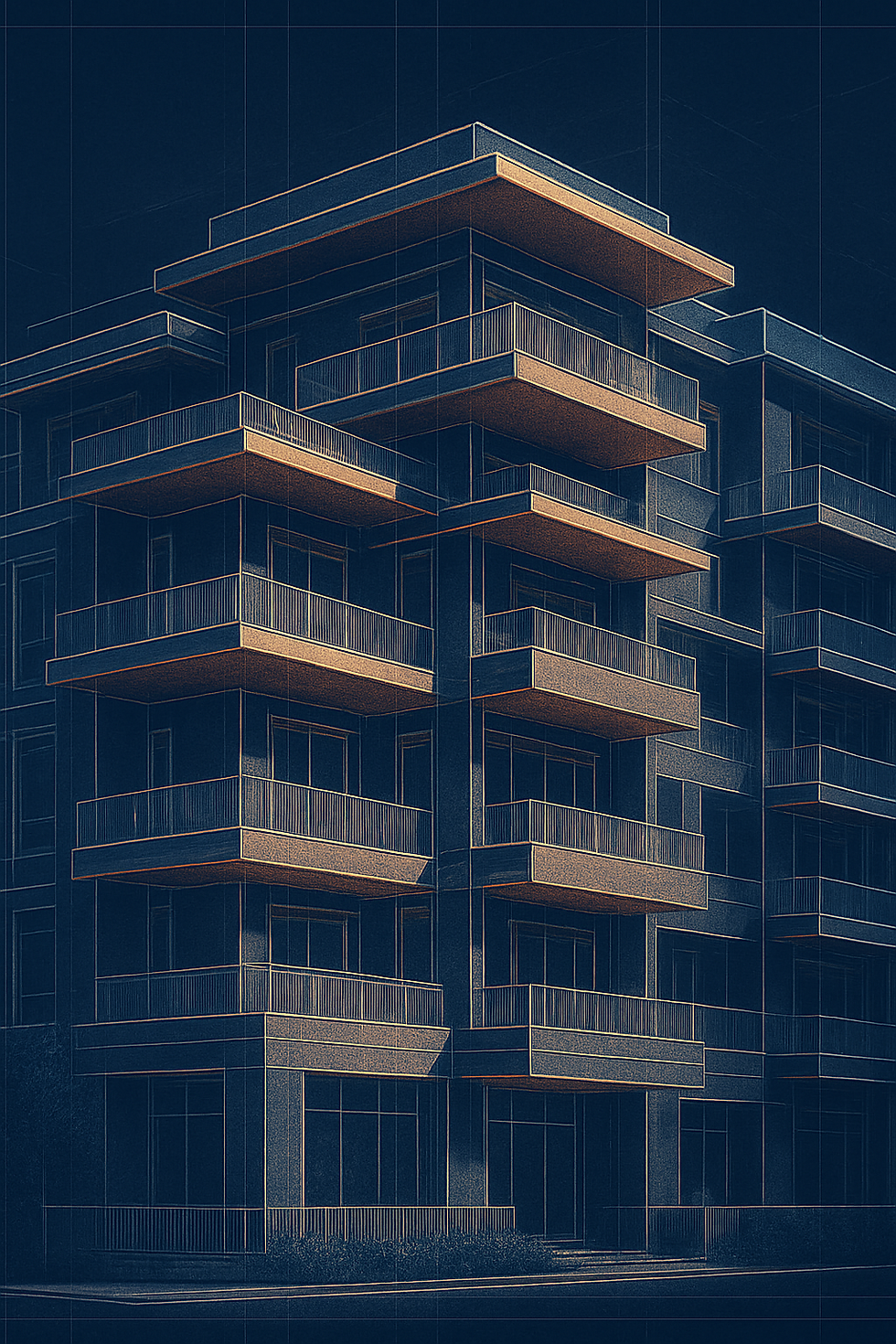 Architectural blueprint line drawings of residential and commercial buildings used as background design for CoMo Construction’s website.