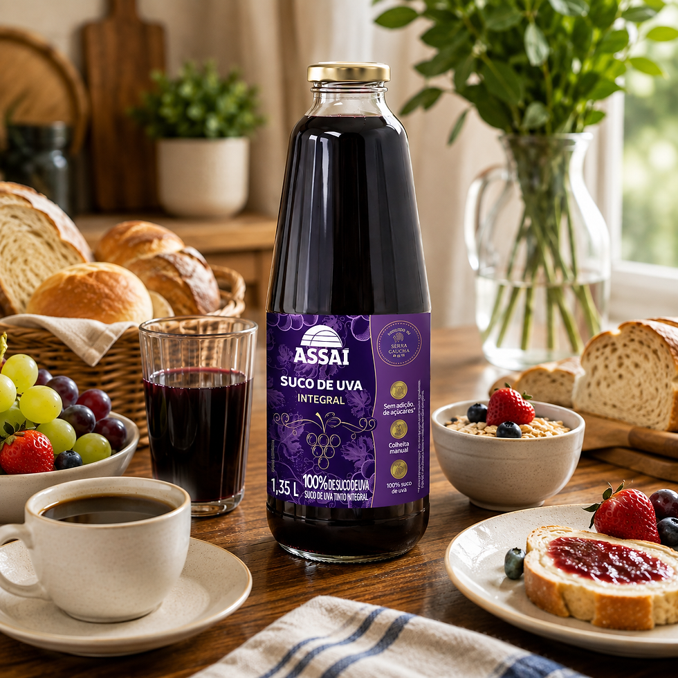 Garrafa de suco de uva integral de marca própria sobre mesa de café da manhã, representando a expansão das marcas próprias no varejo brasileiro.