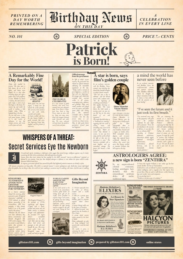 Patrick Birthday Newspaper Gift Download Print