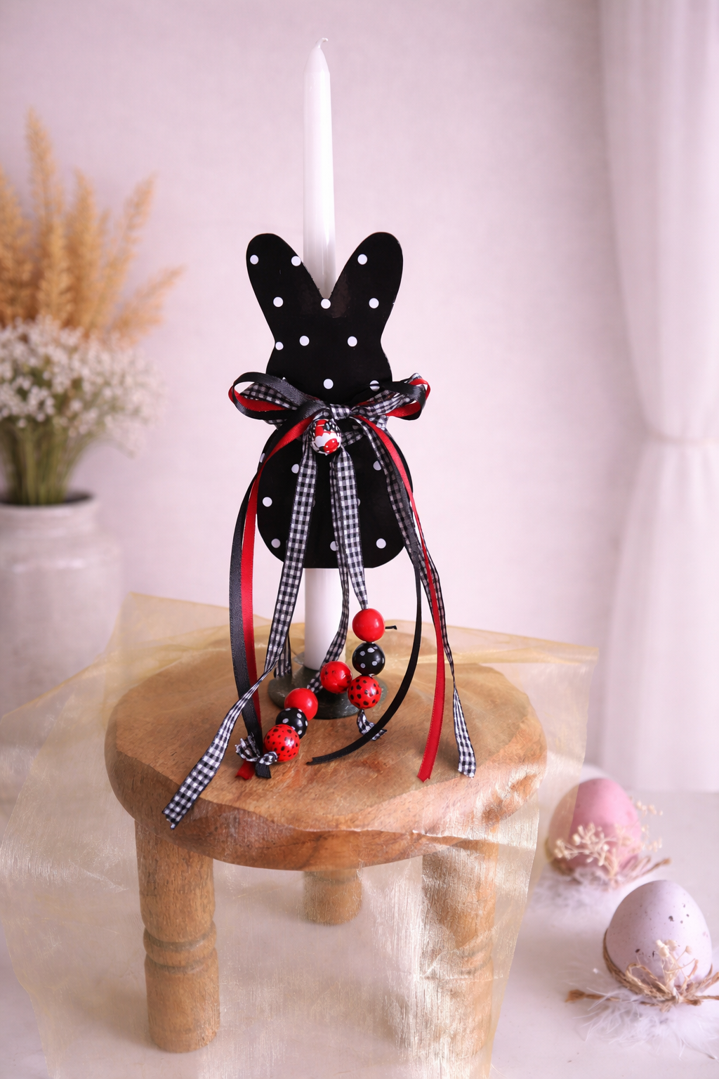 Black and White Polka - Dotted Wooden Bunny