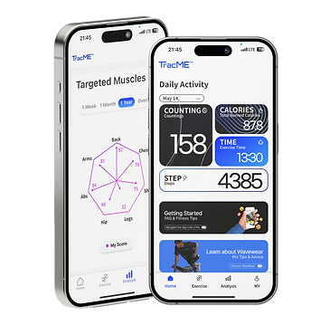 TracMe mobile app mockup – English version interface showcasing AI fitness tracking.