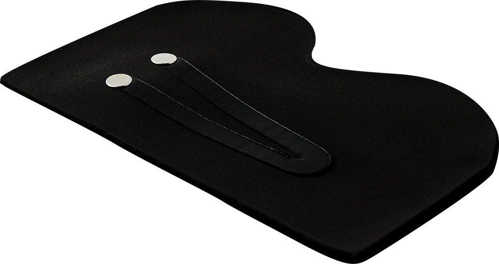 A black, contoured TracSil sensor with silver snap connectors. This component of the TracMe AI movement tracking system is integrated into smart apparel to provide biofeedback for performance enhancement.