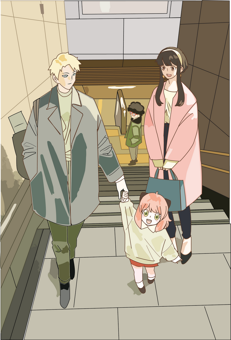 Anya Forger, Loid Forger and Yor Forger in the train station