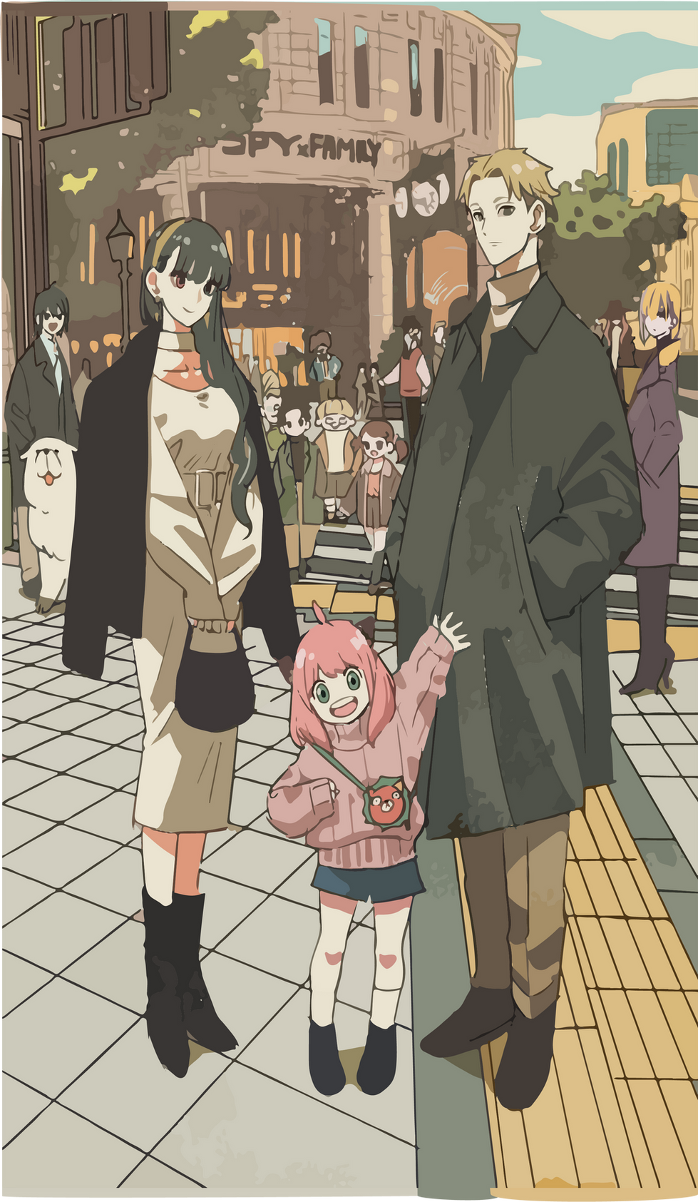 Anya Forger, Loid Forger and Yor Forger on the busy street