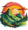 Icon of a colorful mountain range with sun and clouds.