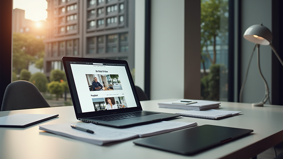 Eye-level view of a modern workspace with a laptop showing a website design draft