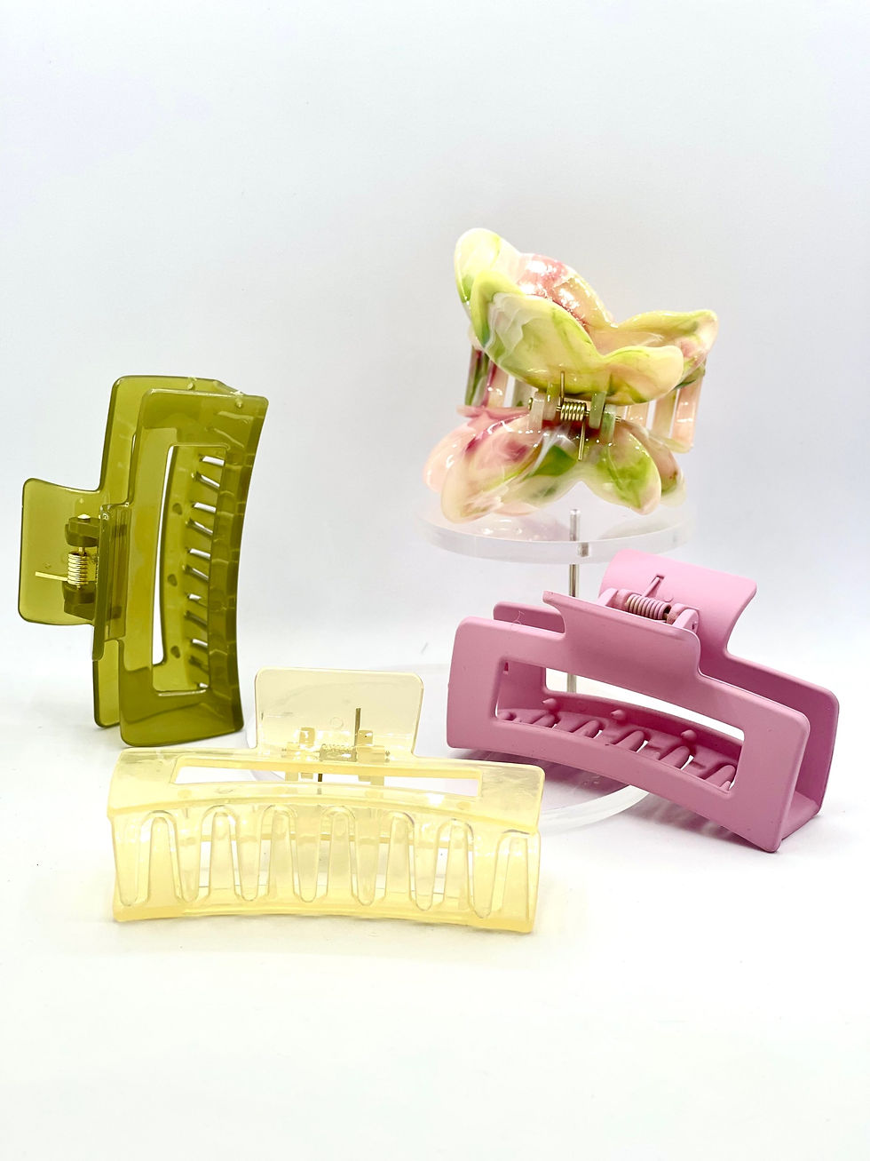 Thumbnail: "Fluttering Blooms Hair Claw Set: Pink/Green Butterfly and Square Design"