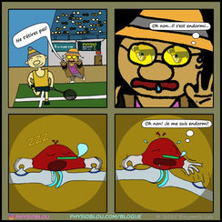 Il s'agit d'une bande dessinée intitulée « Ne t'étires pas », tirée de la série Elbro chez le physio, créée par le physiothérapeute Benjamin Lou. La première case montre Mani criant à Elbro d'arrêter d'étirer ses quadriceps avant le match de badminton. La deuxième case montre Mani regardant l'intérieur du muscle du quadriceps à travers ses lunettes spéciales. Les troisième et quatrième cases montrent le muscle endormi par l'étirement, puis brusquement réveillé et sujet à une déchirure du tendon.