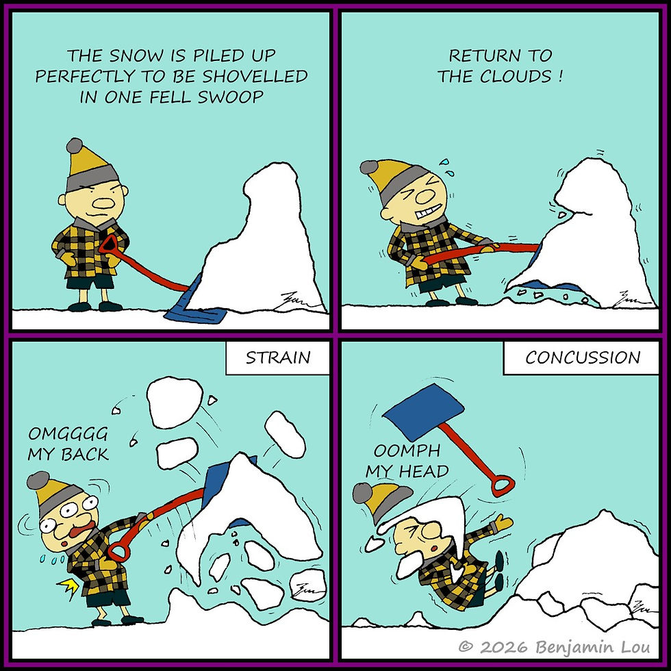 A comic strip from Elbro Needs Physio by Benjamin Lou. This comic explains the different types of injuries, including muscle strains and concussions, that can occur while shoveling snow.