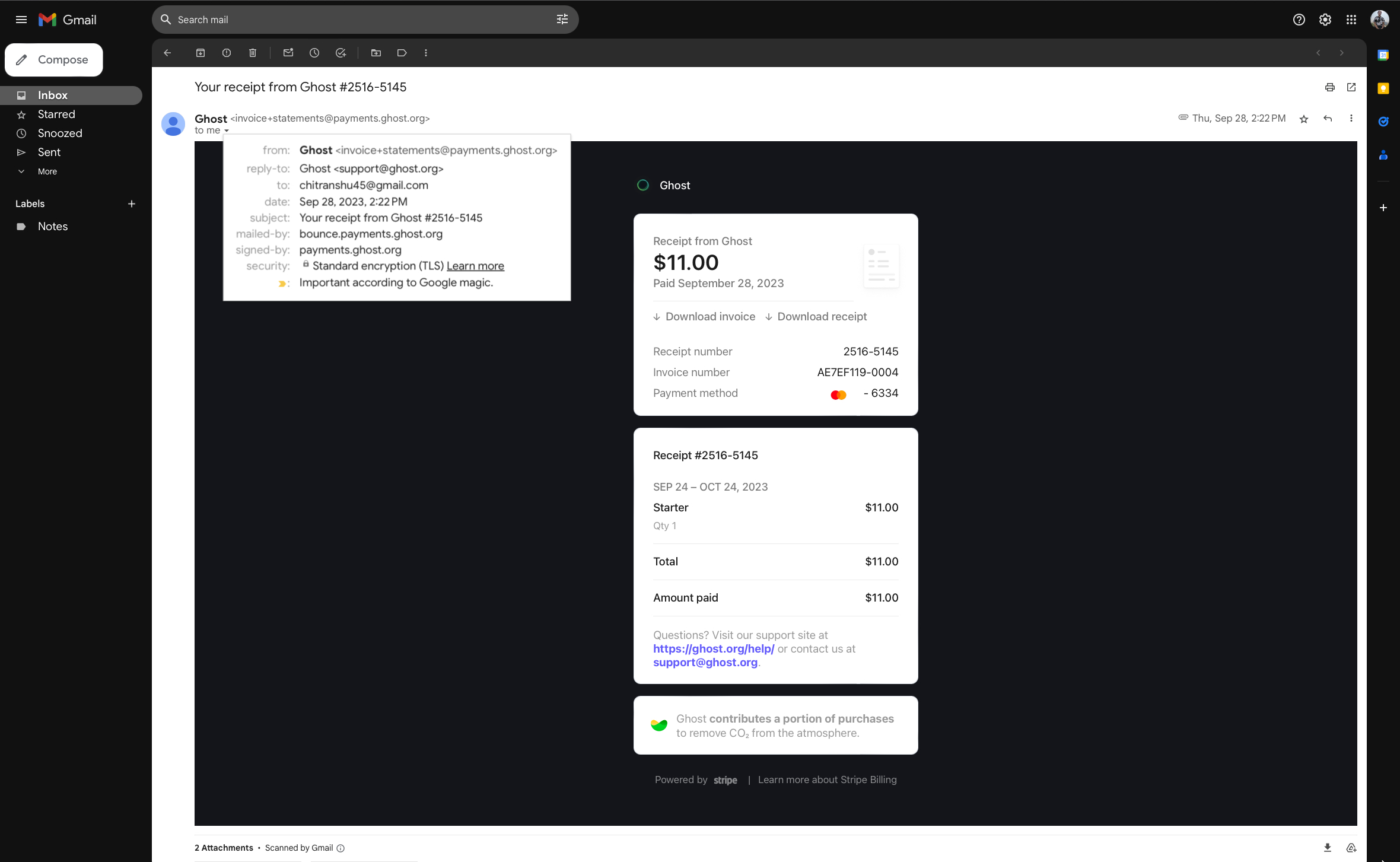 Invoice of that 11$ payment that Ghost deducted forcefully