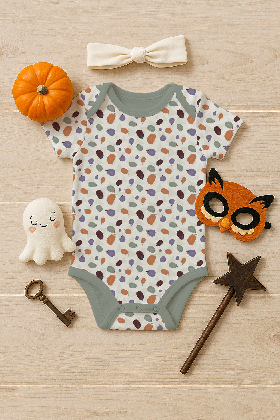 Pumpkin Masquerade onsie mockup tossed pumpkins