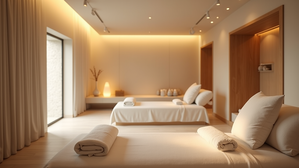 Eye-level view of a serene spa room with soft lighting and comfortable seating