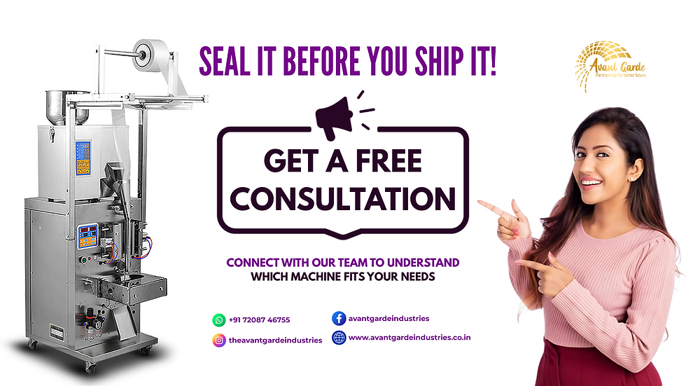 Woman pointing at "Get a Free Consultation" sign with a sealing machine beside her. Text: "Seal it before you ship it!" Bright and inviting.