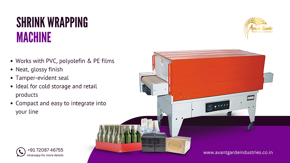 A shrink wrapping machine with red cover, shown with wrapped bottles and boxes. Features text highlights benefits. Purple-white background.