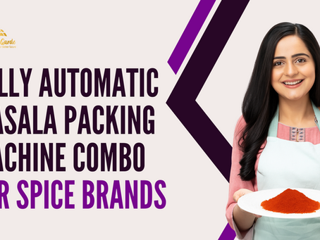 Woman in apron holds plate of red spice. Text: "Fully Automatic Masala Packing Machine Combo for Spice Brands" on left.