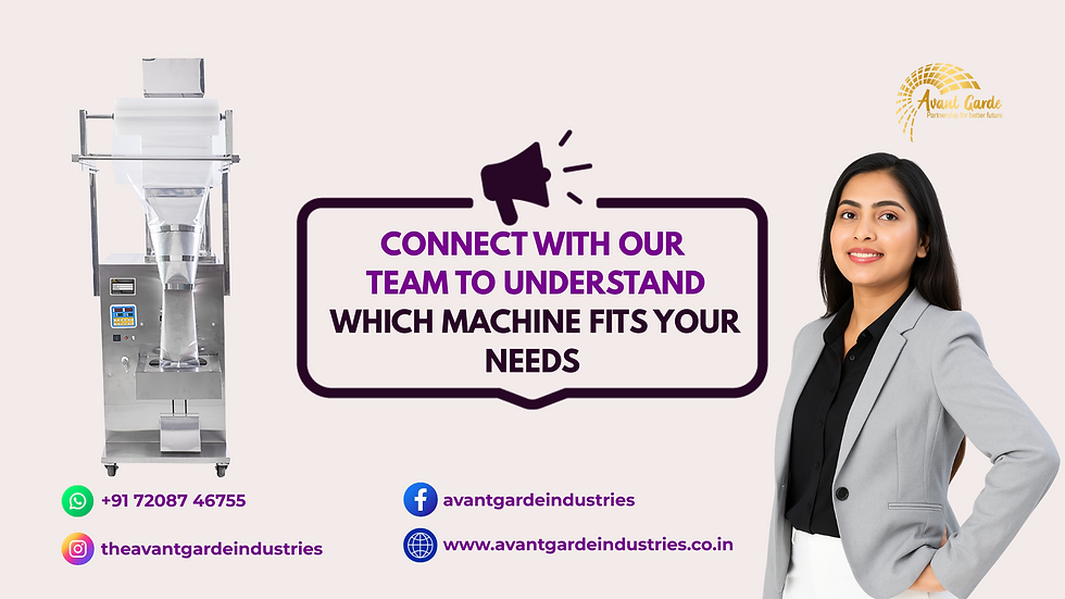 Woman in a gray suit smiles beside a machine. Text: "Connect with our team to understand which machine fits your needs." Contact details displayed.