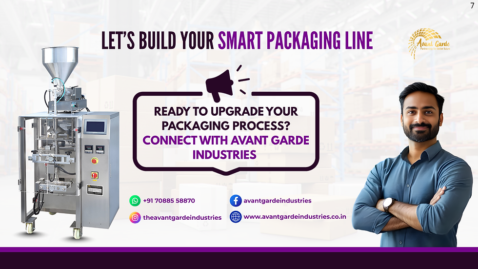 Packaging machine and a smiling man in a warehouse. Text: "Let's build your smart packaging line. Connect with Avant Garde Industries". Contact info below.