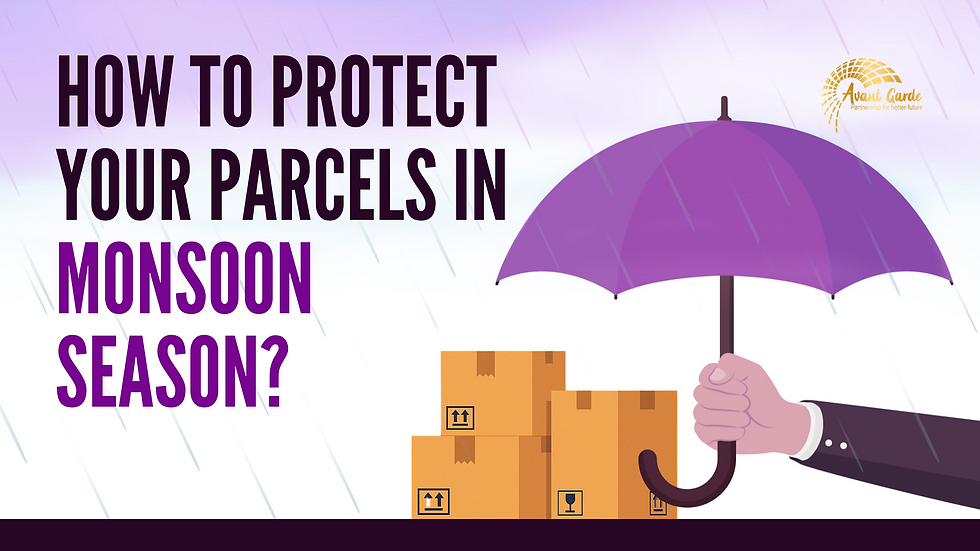 Hand holding purple umbrella over boxes, text "How to protect your parcels in monsoon season?" Rain and company logo in background.