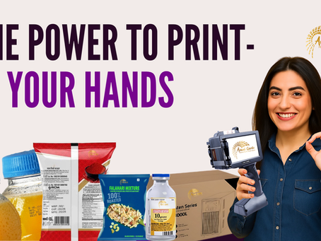 Woman smiles holding a handheld printer, making an OK sign. "THE POWER TO PRINT IN YOUR HANDS" text above. Various labeled products.