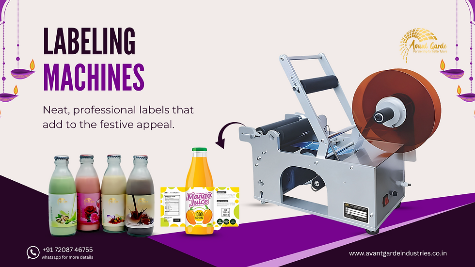 Labeling machine with a roll of labels next to colorful drink bottles. "Labeling Machines" text in purple. Festive lamps and contact info.