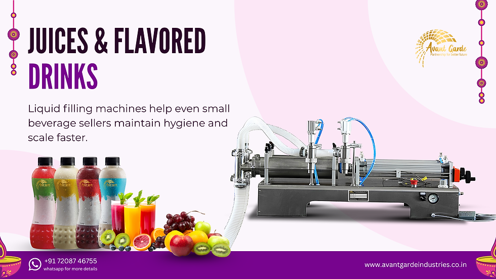 Juices and flavored drinks ad showing a liquid filling machine, colorful bottles, fruits, and contact info. Background is light pink.
