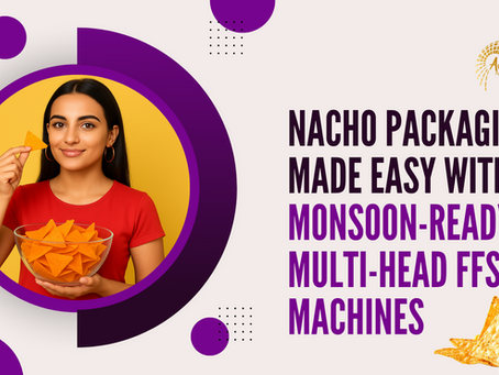 A Girl easting nacho and a text nachone packaging made easy with Monsoon Ready Multihead FFS machines
