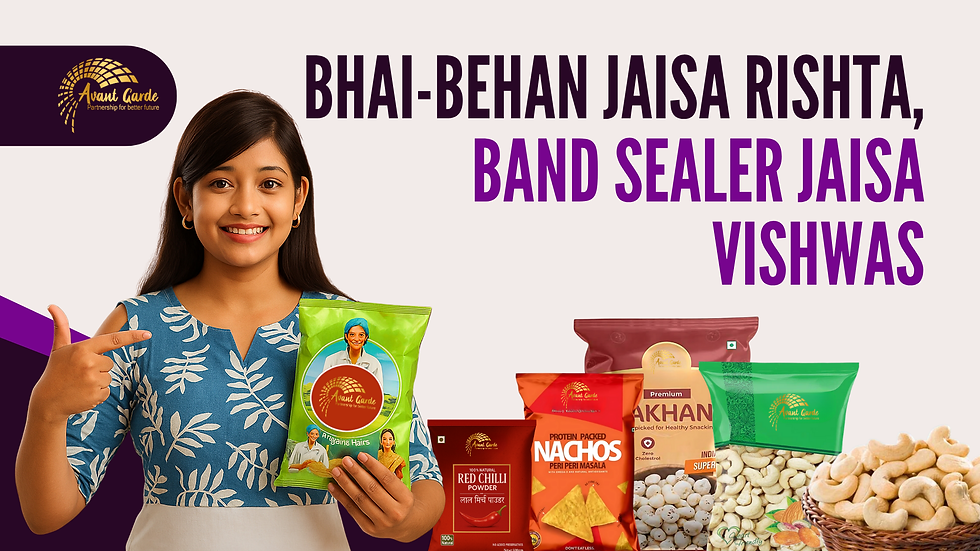 Smiling woman in blue dress holding a green snack pack. Various packaged snacks displayed. Text: Bhai-Behan Jaisa Rishta, Band Sealer Jaisa Vishwas.