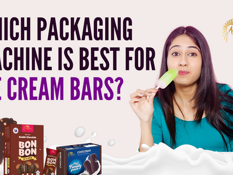 Woman eating ice cream bar in a teal shirt. Text: "Which packaging machine is best for ice cream bars?" Boxes of ice cream bars below.