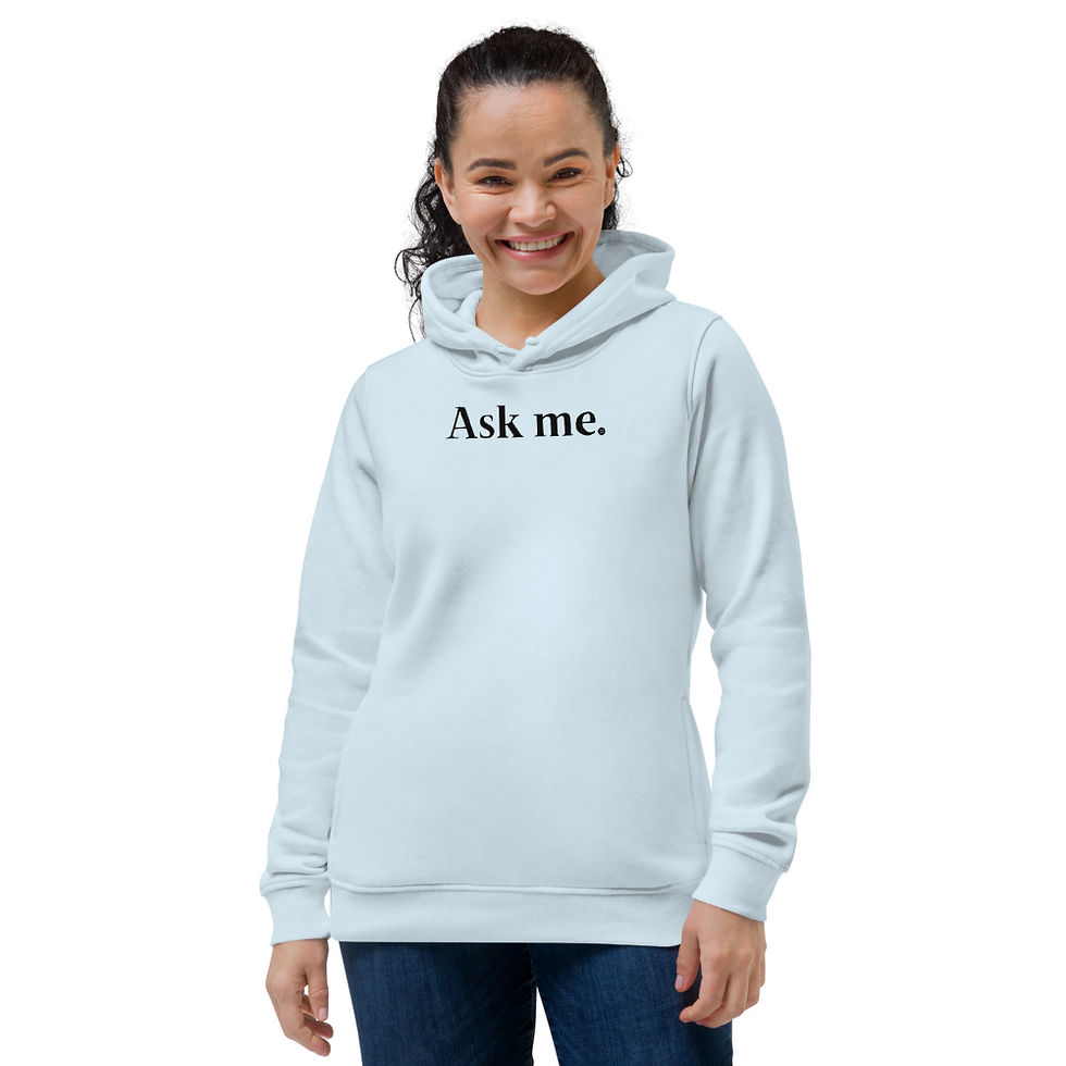 Thumbnail: Women's eco fitted hoodie Ask me, Catechism on back