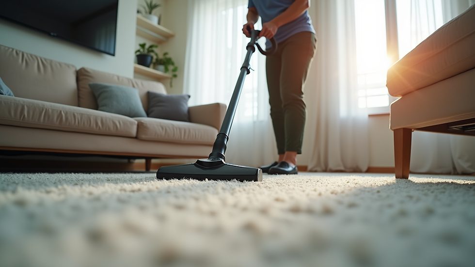Eye-level view of a professional cleaner vacuuming a modern living room