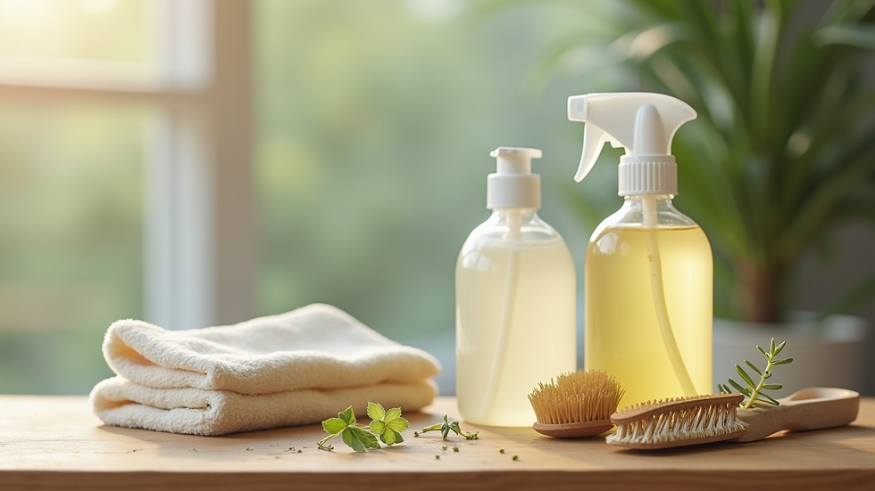 Close-up view of eco-friendly cleaning products and tools on a wooden surface
