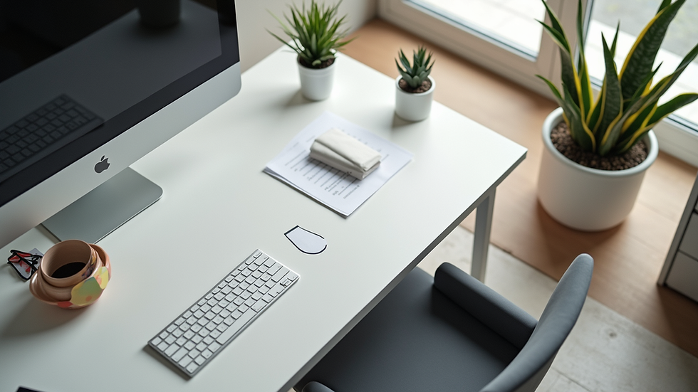 High angle view of a clean and organised office desk after renovation