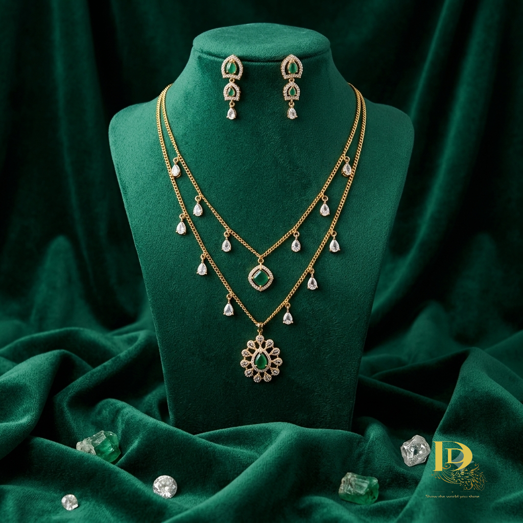Royal Emerald Green & American Diamond 2-Layer Necklace Set