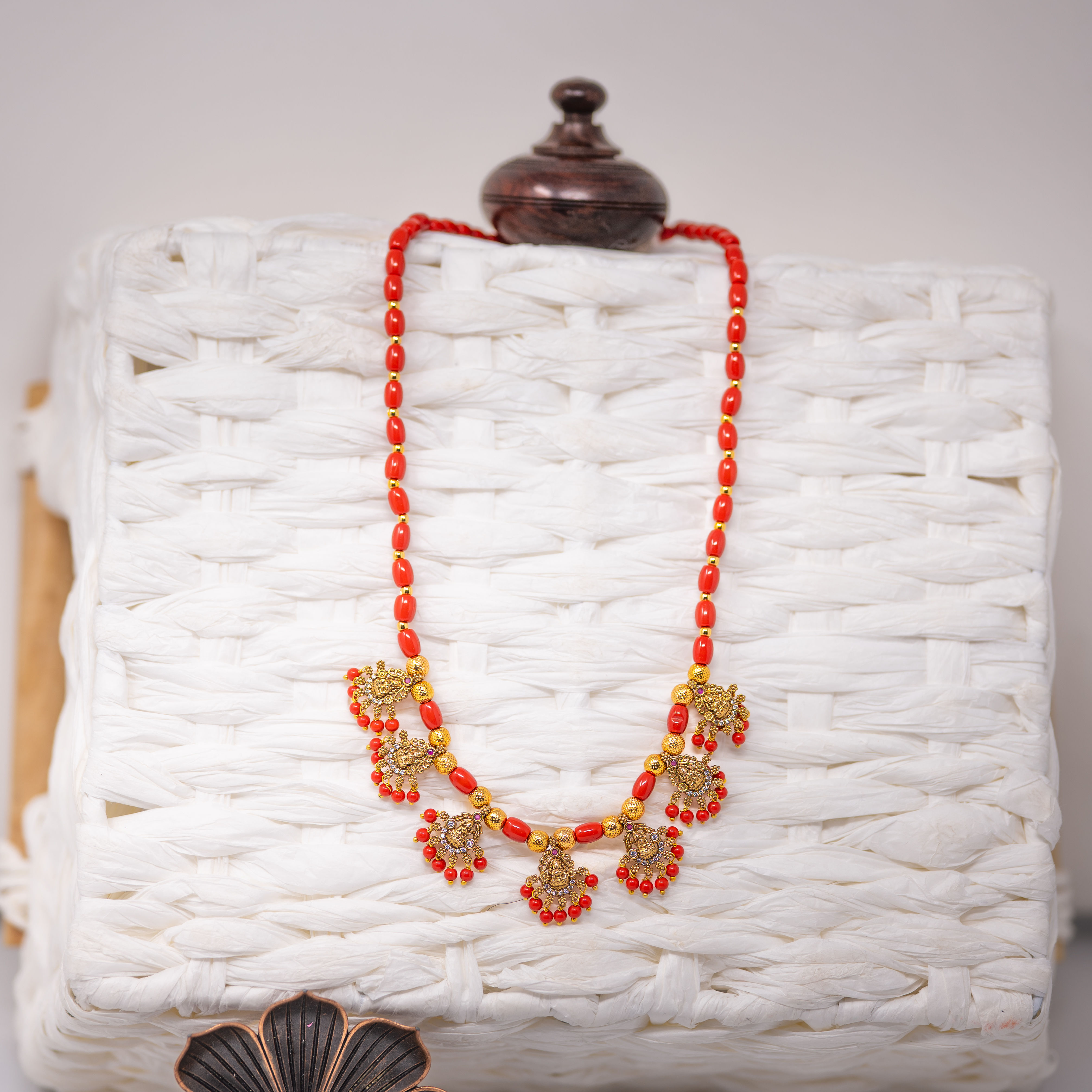 Coral/Pavazham Beaded Short Neckpiece with Lakshmi