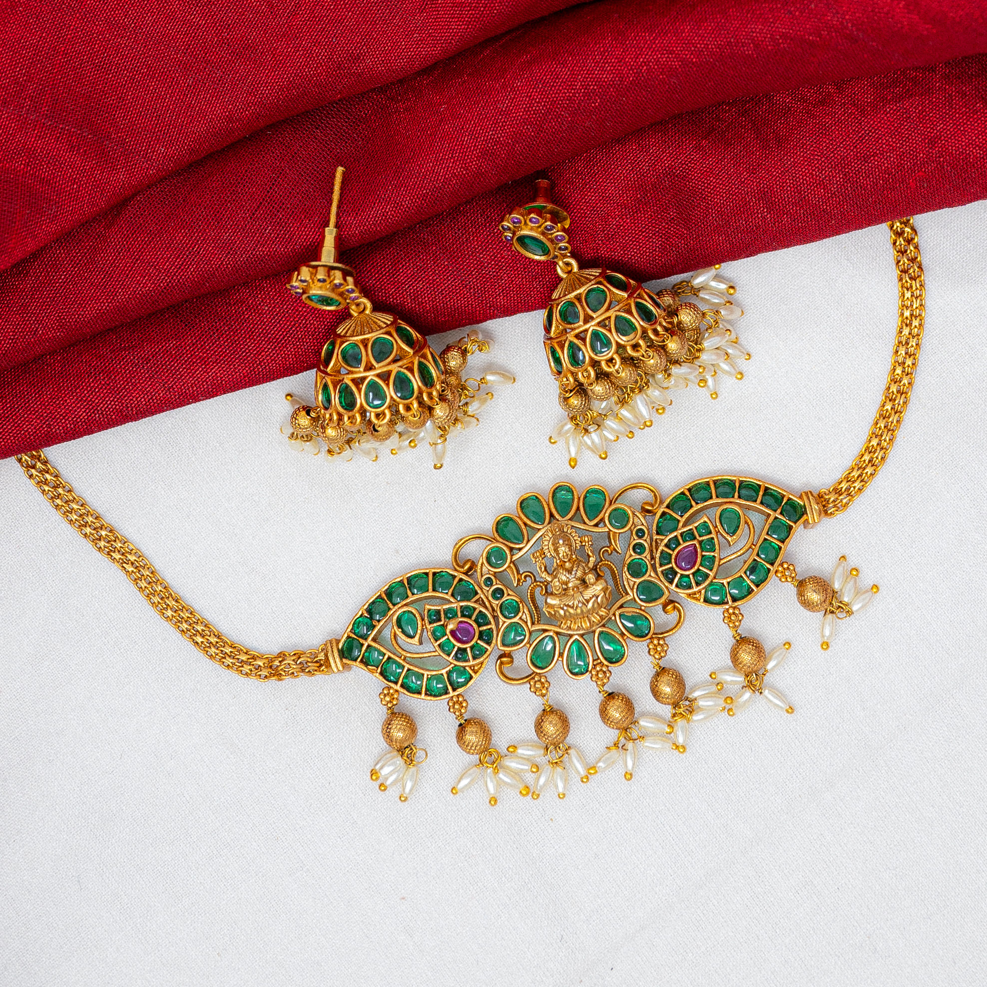 Matte Lakshmi Choker with Emerald Green Stones