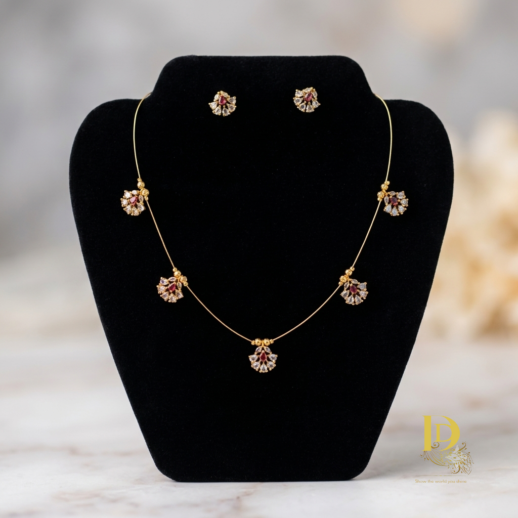 Invisible Floating Floral Charm Necklace & Stud Set in Gold