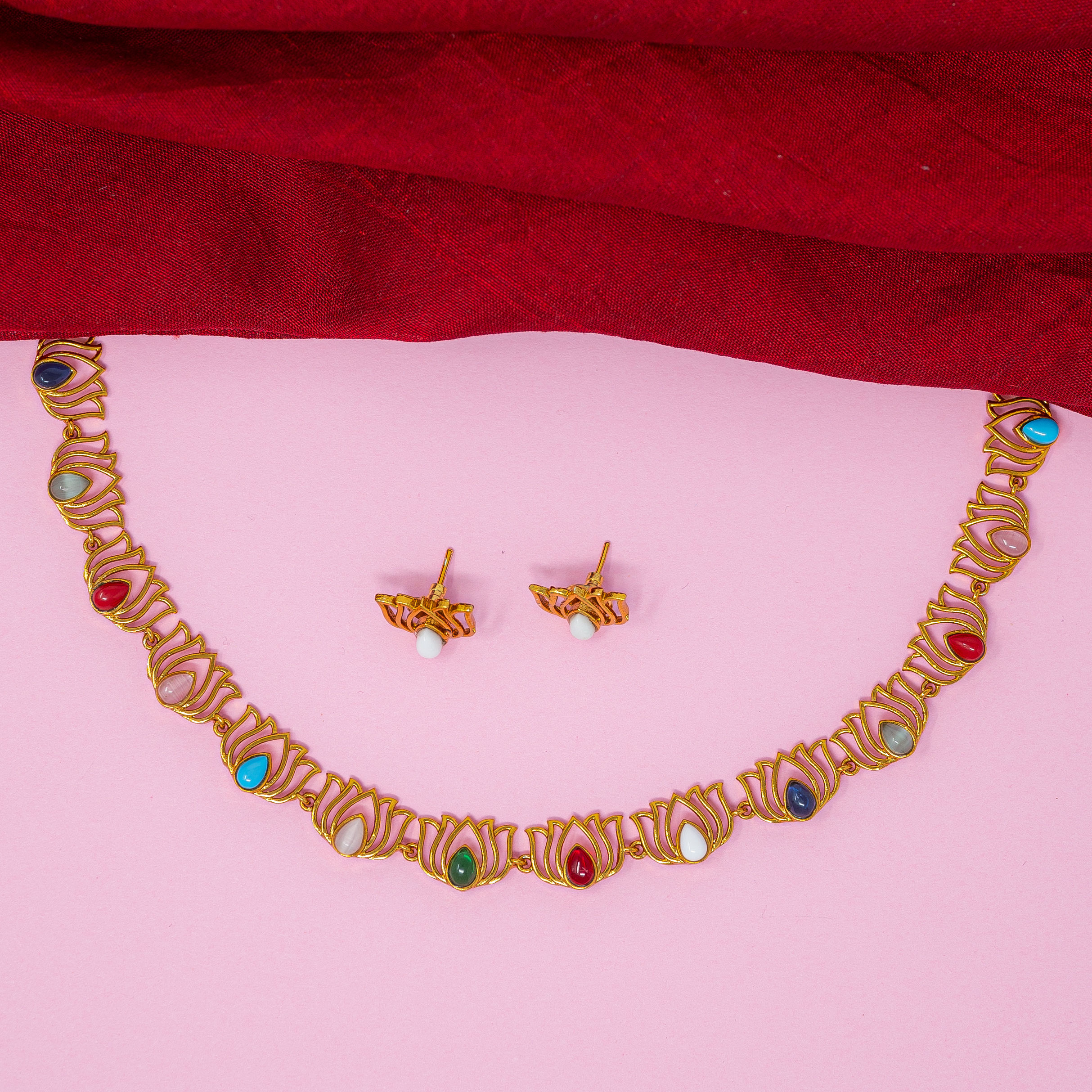 Gold Finished Navaratna Stone Lotus Necklace