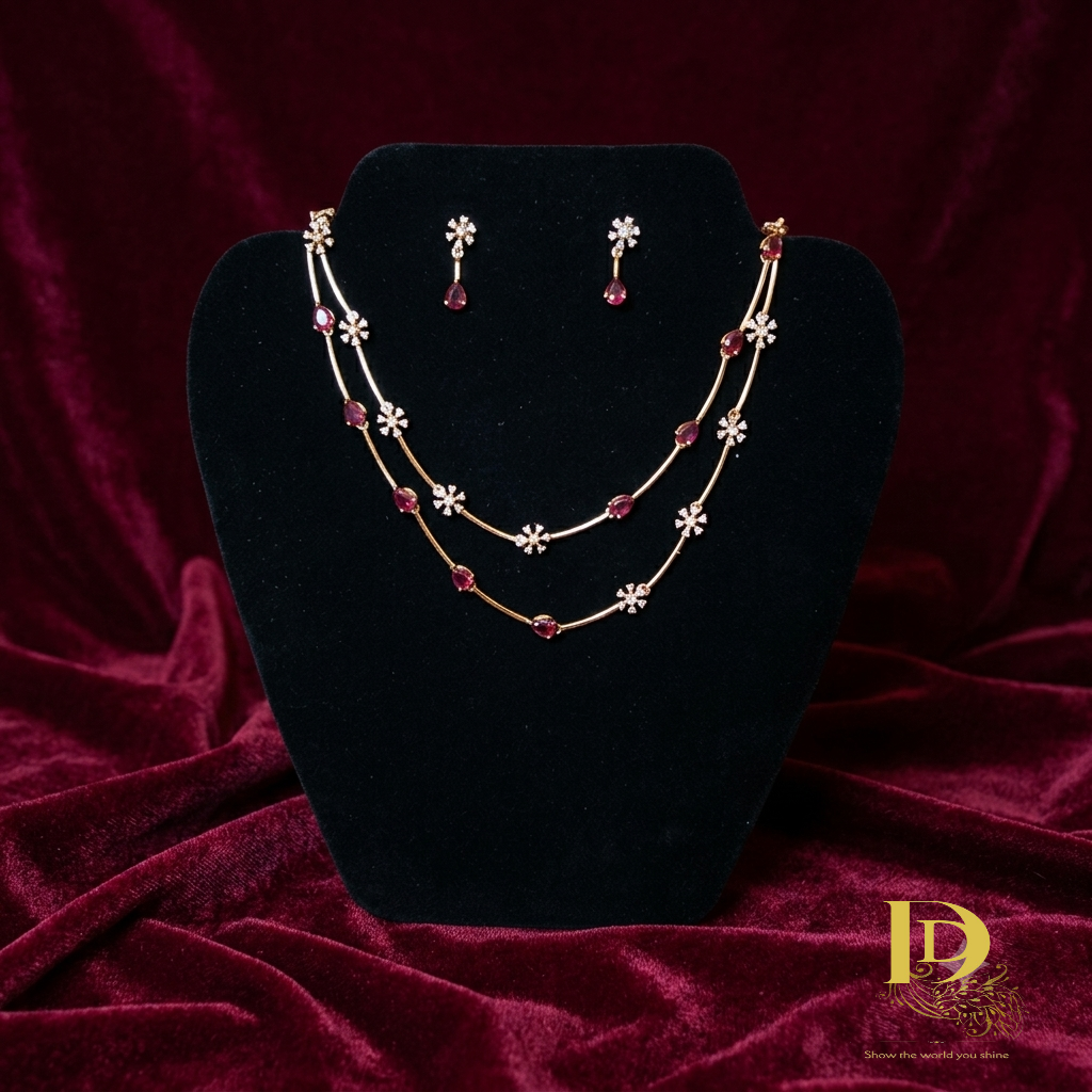 Elegant Ruby Pink Stone & American Diamond 2-Layer NecklaceSet