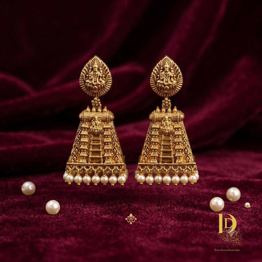 Antique Gold-Plated Gopuram Temple Jhumkas with Lakshmi Motif & Pearl Drops