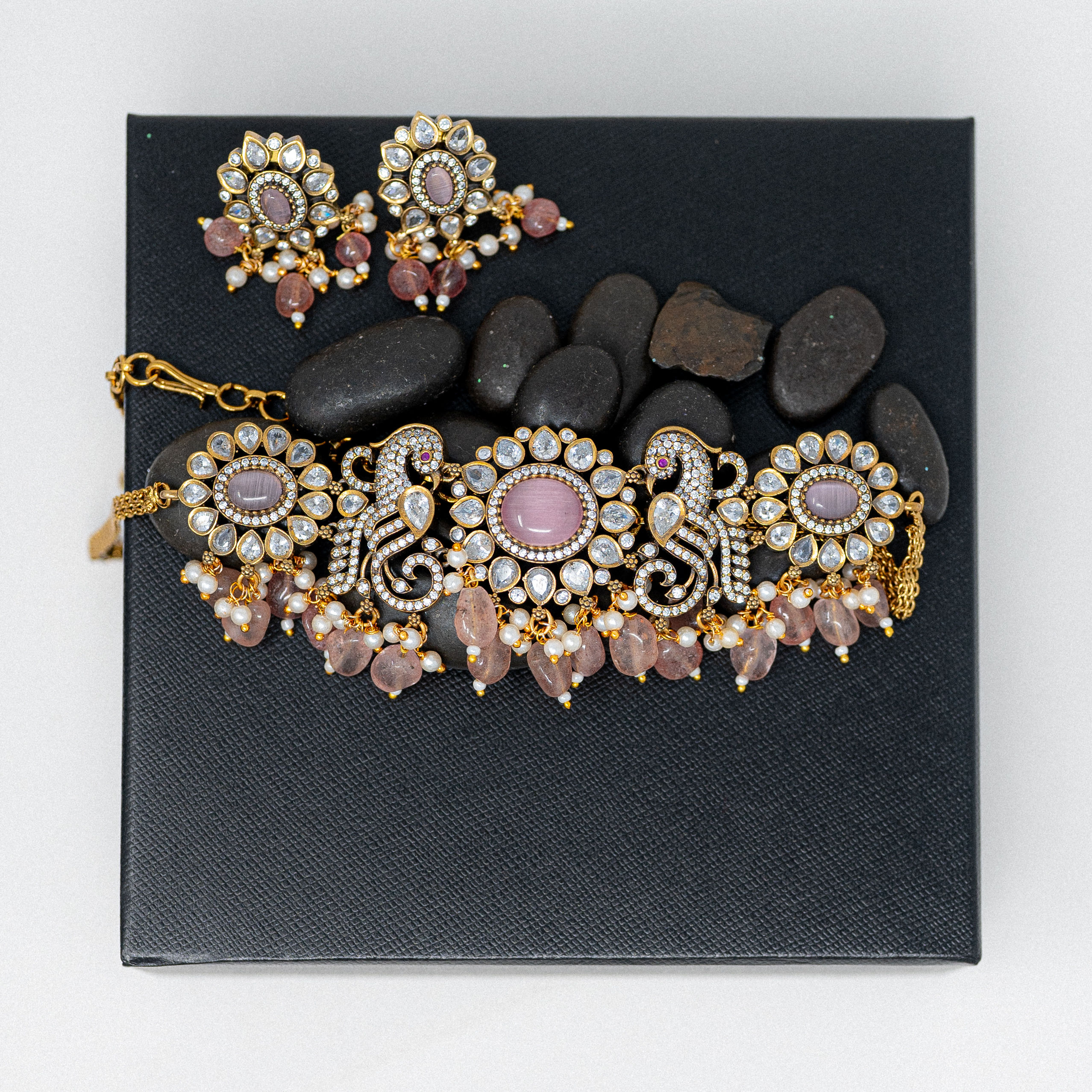 Peacock Victorian Choker with Pink Embellishment
