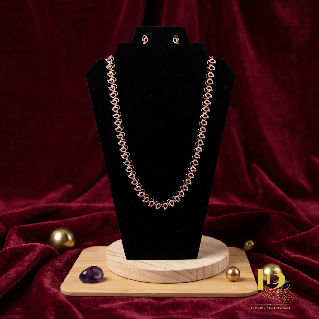 American Diamond Mango Long Necklace & Studs Set
