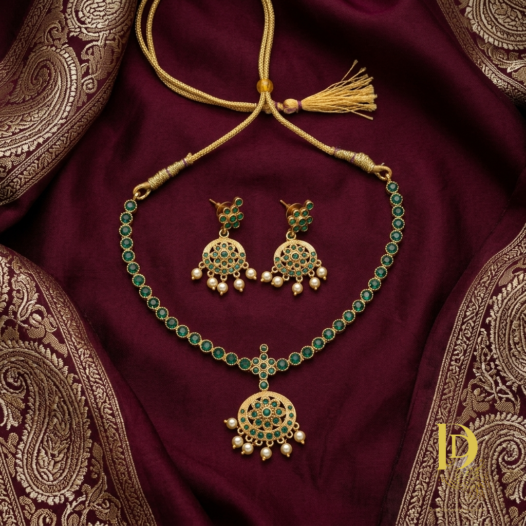 Traditional Emerald Green Kemp Single-Line Necklace with Matching Earrings