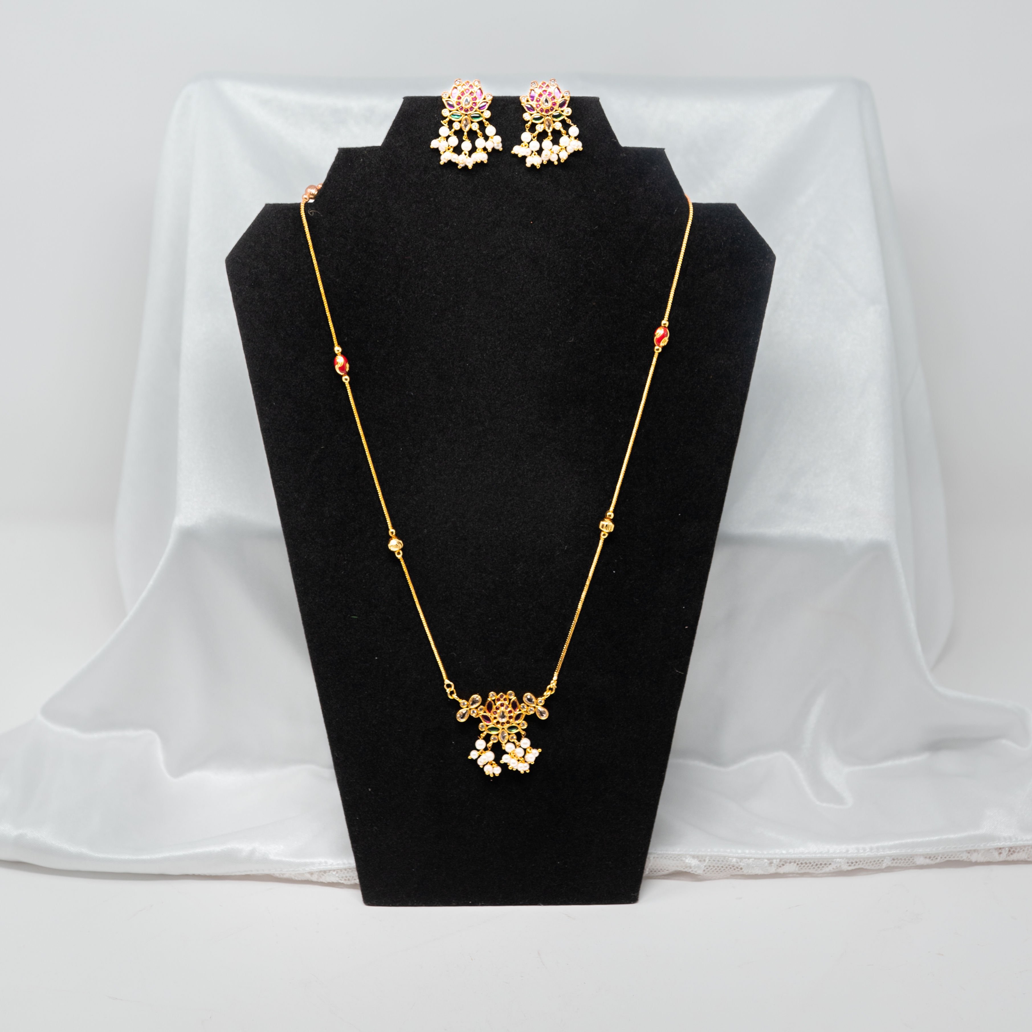 Gold Chain with Lotus Pendant with Multi Stones