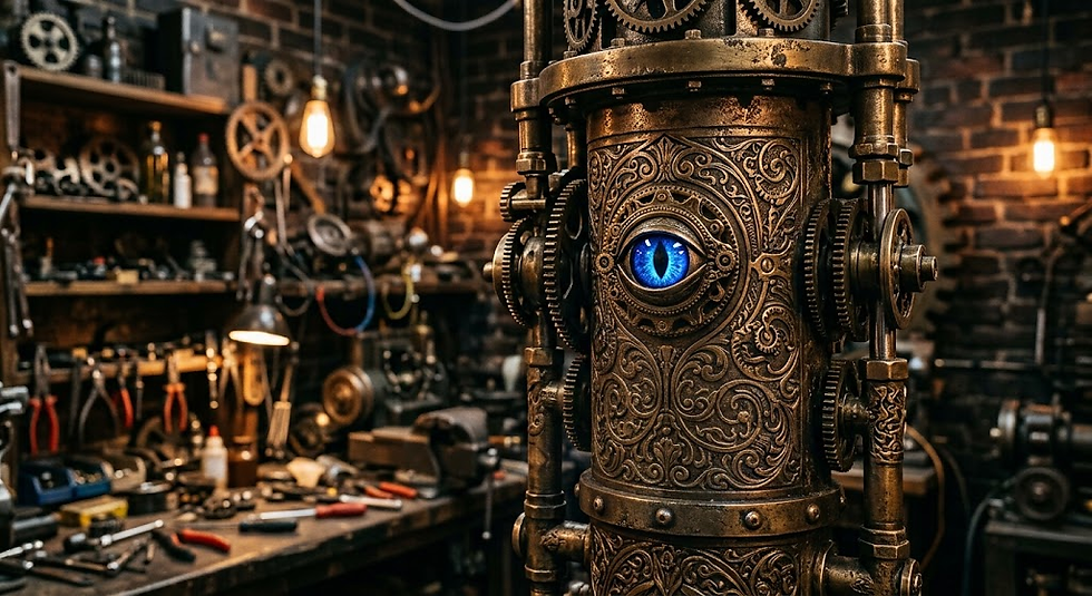Tiang roda gigi steampunk dengan lampu biru