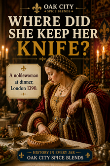 A candlelit medieval banquet hall with a long wooden table covered in roasted meats, fresh fruit, bread, earthenware dishes, and silver serving vessels beneath colorful heraldic banners, capturing the grandeur of a noble feast in Richard II's London around 1390.